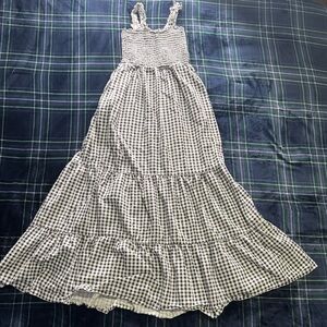 MSK white + black gingham tiered full length dress with lace trim. Size: S.
